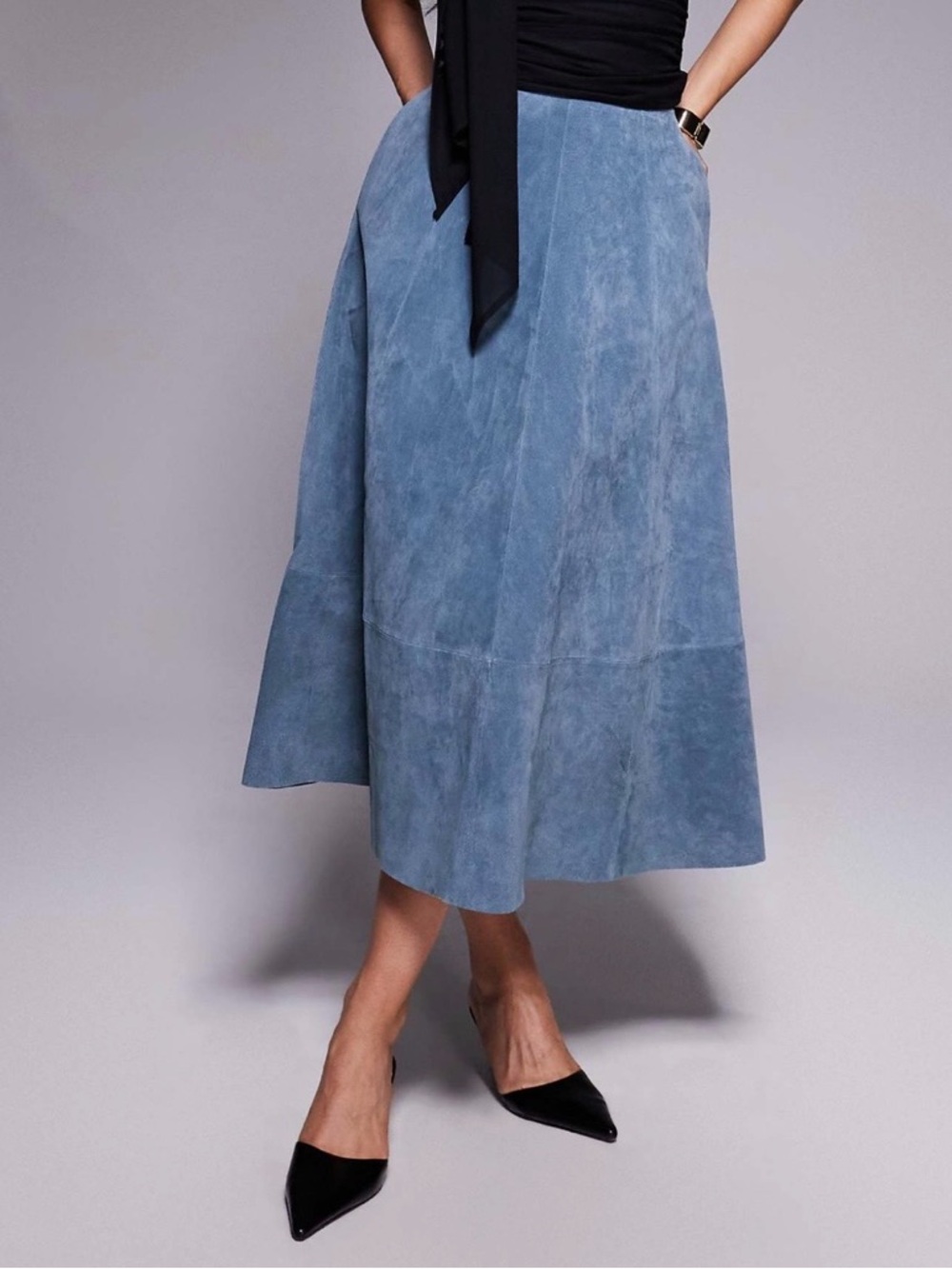ARRANGE 100% Suede A-Line Midi Skirt with Pockets Dusty Blue